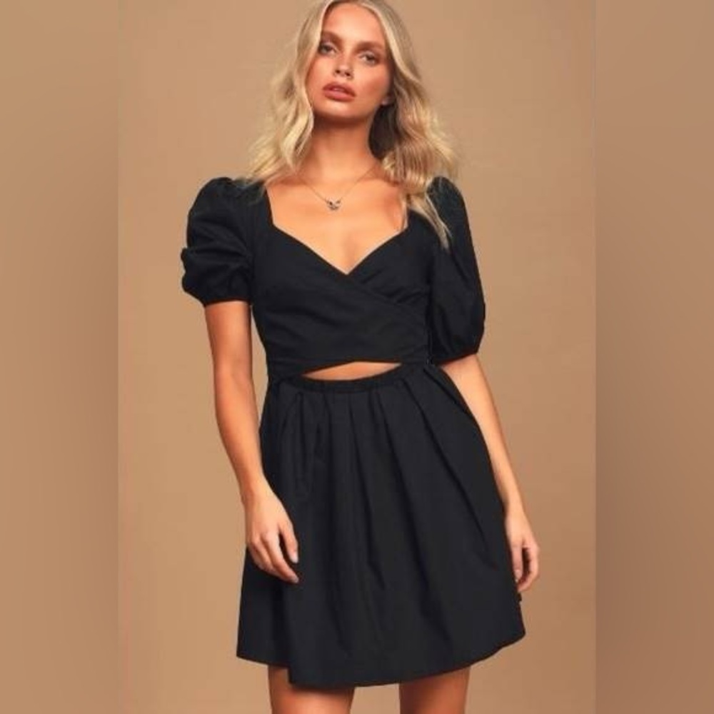 Lulus Crisscross My Heart Black Puff Sleeve Backless Mini Dress